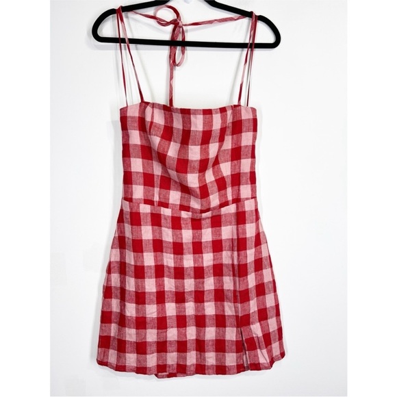 Reformation Linda Linen Halter Mini Dress Conda Check - Picture 2 of 4